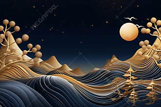 Christmas card with hilly valley in night blue sky by moonlight.