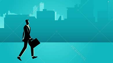 Animations of a businessman confidently walking with a briefcase, set against a cityscape backdrop