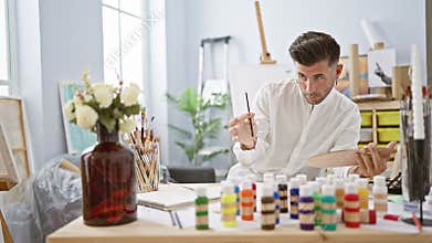 Engrossed young hispanic man, an aspiring artist, drawing a vibrant bouquet of flowers on paper in a cozy art studio