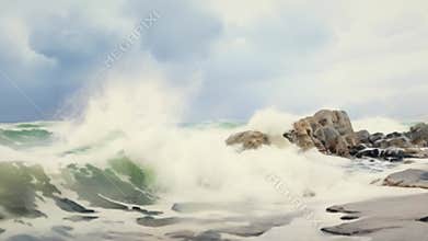 Ai generated video of sea waves. Watercolour.