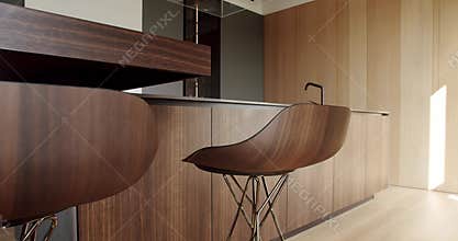 Modern kitchen and bar brown chairs in kitchen room in minimalist apartment.