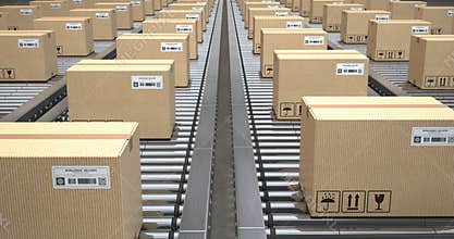 Cardboard boxes on conveyor roller in distribution warehouse, Delivery and packaging service. Loopable animation.