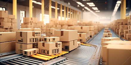 Conveyor belt in a distribution warehouse with row of cardboard box packages for e-commerce delivery