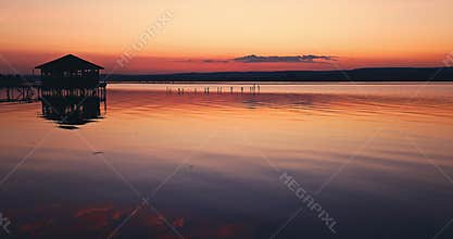 Sea horizon and color sunset over bungalow villa over wooden pier in water