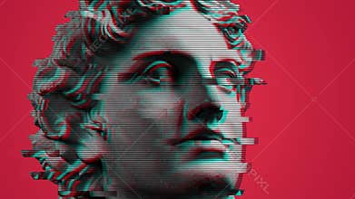 Modern creative concept video 4K with colored graphic sculpture. GIF animation with antique statue head in glitch style