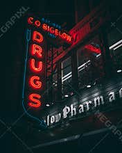 C.O. Bigelow Chemists neon sign at night, in the West Village, Manhattan, New York