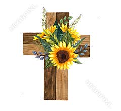 Sunflower floral cross. Easter illustration. Watercolor Wedding Cross