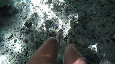 underwater diving in cenote, mexico, sun rays shining beams, blue water, female legs feet pov