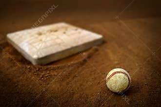 Old Leather Baseball on Field by Home Plate or Base