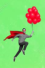 Vertical collage photo of excited positive guy black white gamma arm hold balloons isolated on drawing background