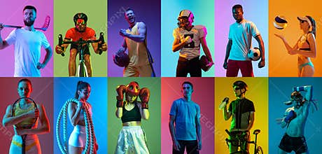 Poster, banner with professional sportsmen in sports uniform over multicolored background in neon filter. Concept of