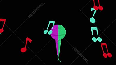 Animation of notes over microphone on black background