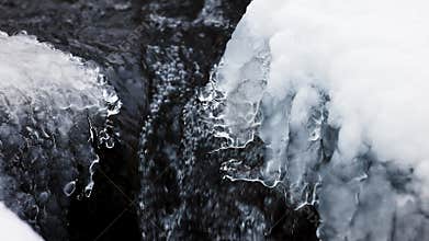 River stream near ice close up