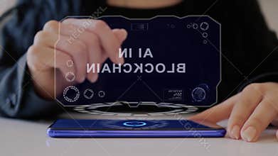 Female hand interacts hologram AI in Blockchain