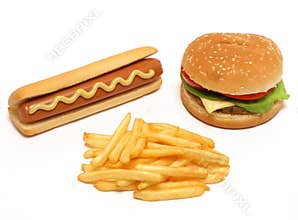 Hamburger, hot dog and french fries