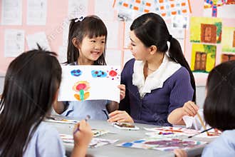 Teacher Helping Students In Chinese School