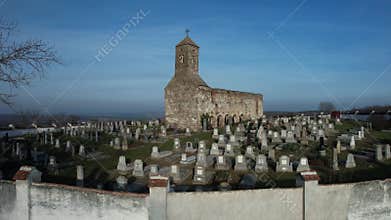 Aerial view of Roman Basilica on a Hill and Cemetery Fortress Gârbova Transylvania Romania