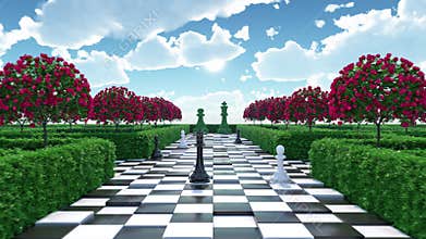 Maze garden 3d render illustration. Chess, trees with red flowers and clouds in the sky. Alice in wonderland theme.