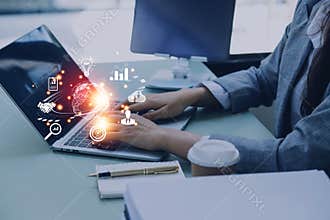 woman Hand holding virtual Global Internet connection metaverse. Business global internet connection application technology and