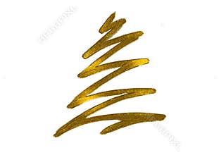Hand drawn golden glitter oil brush stroke Christmas tree with star isolated on png or transparent background. Graphic