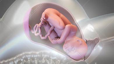Child birth procedure 3d animation. Human Fetus Moving Slowly In Motherâ€™s Womb. Ready To Give Birth. Science And Health Related