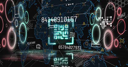 Animation of qr code and numbers processing over world map