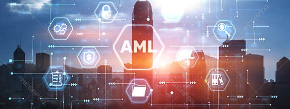 AML Anti Money Laundering Financial Bank Business Technology Concept on modern city background