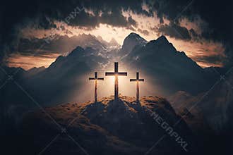 Three empty crosses on hilltop in the mountains, evening sunlight