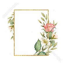 Gold rectangle frame with flowers and leaves. Floral Wedding card decor.