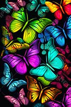 Bunch of colorful butterflies on black background with black background and red, yellow, green, blue, and pink