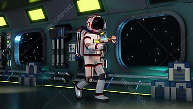 3D astronaut in spacesuit with blaster is walking down corridor