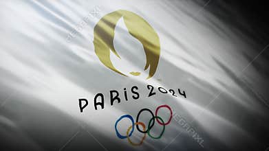 Paris, France, 10 April 2023: Close-up view of the Paris 2024 Summer Olympics flag waving. The XXXIII Olympic Games will