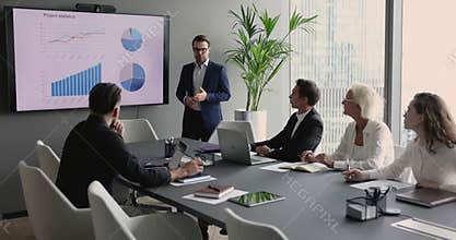 Business trainer or company boss make presentation for entrepreneurs
