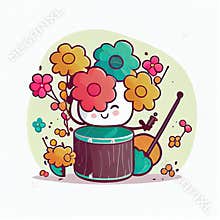 cute bouquet of flowers cartoon character plays drums, cartoon style, modern simple illustration