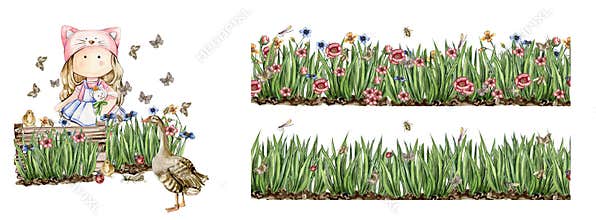 Spring flowers composition set with a cute Tilda doll, watercolor illustration for cards, scrapbooking. Cartoon hand drawn
