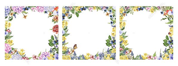 Watercolor hand drawn spring garden full of flowers square frame set. Watercolor illustration for scrapbooking.Cartoon hand drawn
