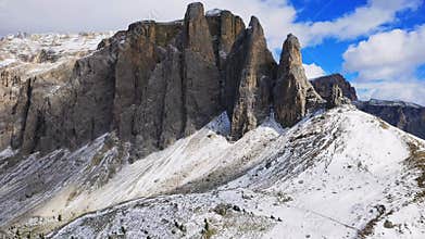 Sella Pass, Italy. Breathtaking snowy scenics Dolomite Alps, with mount Sella Towers, landscape of Sudtirol.
