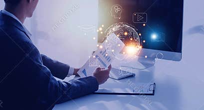 man wearing VR glasses and accessing the Technology Internet, multimedia, Storage Network connection Concept And a large database