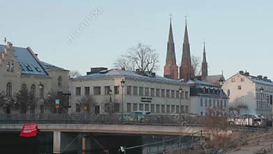 Bridge Over Fyris River, Cityscape and Uppsala Cathedral, Establishing Shot