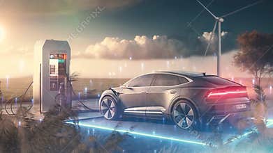 Electric car pulling up to an electric gas station. The camera pans over to show a wind-powered electric turbine in the