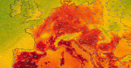 Dresden, Germany - July 11, 2023: Map of Europe, EU on Windy weather web service showing global heat wave of extreme high