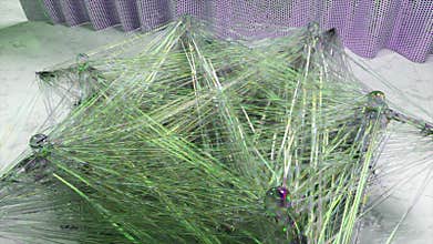 Abstract concept. Top view of a crowd of dancing people connected by a transparent green cobweb. Entanglement. Star