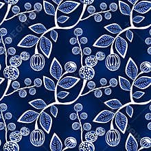 Seamless Blue Leaves and Berries on Branches