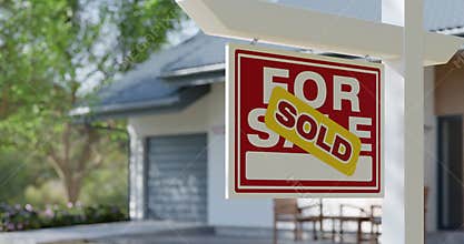 Pan and Zoom of For Sale Real Estate Sign in Front of New House. Generative AI image used. No property release needed