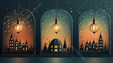 Ramadan Kareem greeting card with mosque and lanterns. Vector illustration. Generative AI