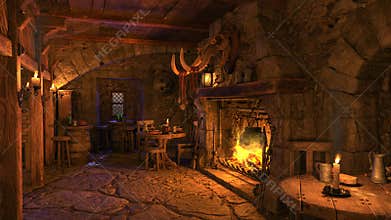 Tables by a fireplace in a dark atmospheric medieval tavern bar lit by candles. Animation