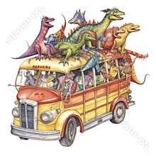Dinosaur School bus Student Watercolor Sublimation Clipart