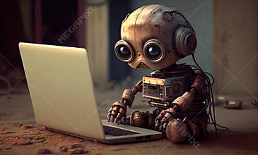 Adorable humanoid robot working on laptop, generative AI