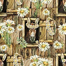 Donkey in the farm window and chamomile flowers, farm animals, digital paper, seamless pattern, hand drawn watercolor