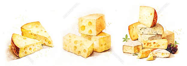 Cheeses. Set of watercolor illustrations. Design elements. For recipes.